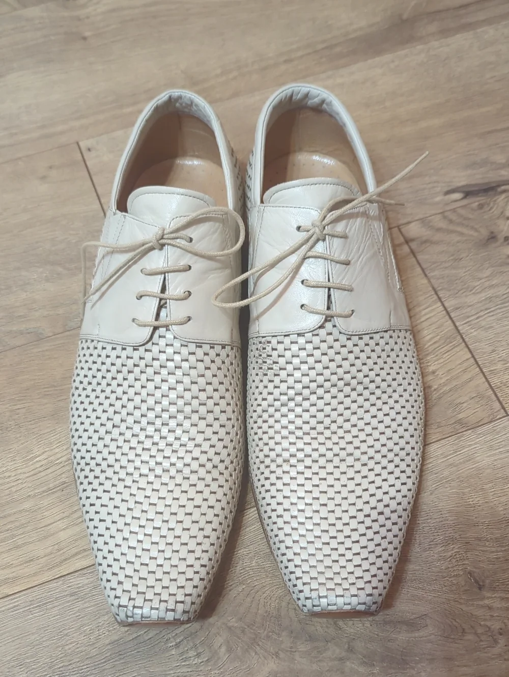 Armos Handcrafted Armenia Men's Woven Lace-Up Dress All Leather Shoes  Cream 43